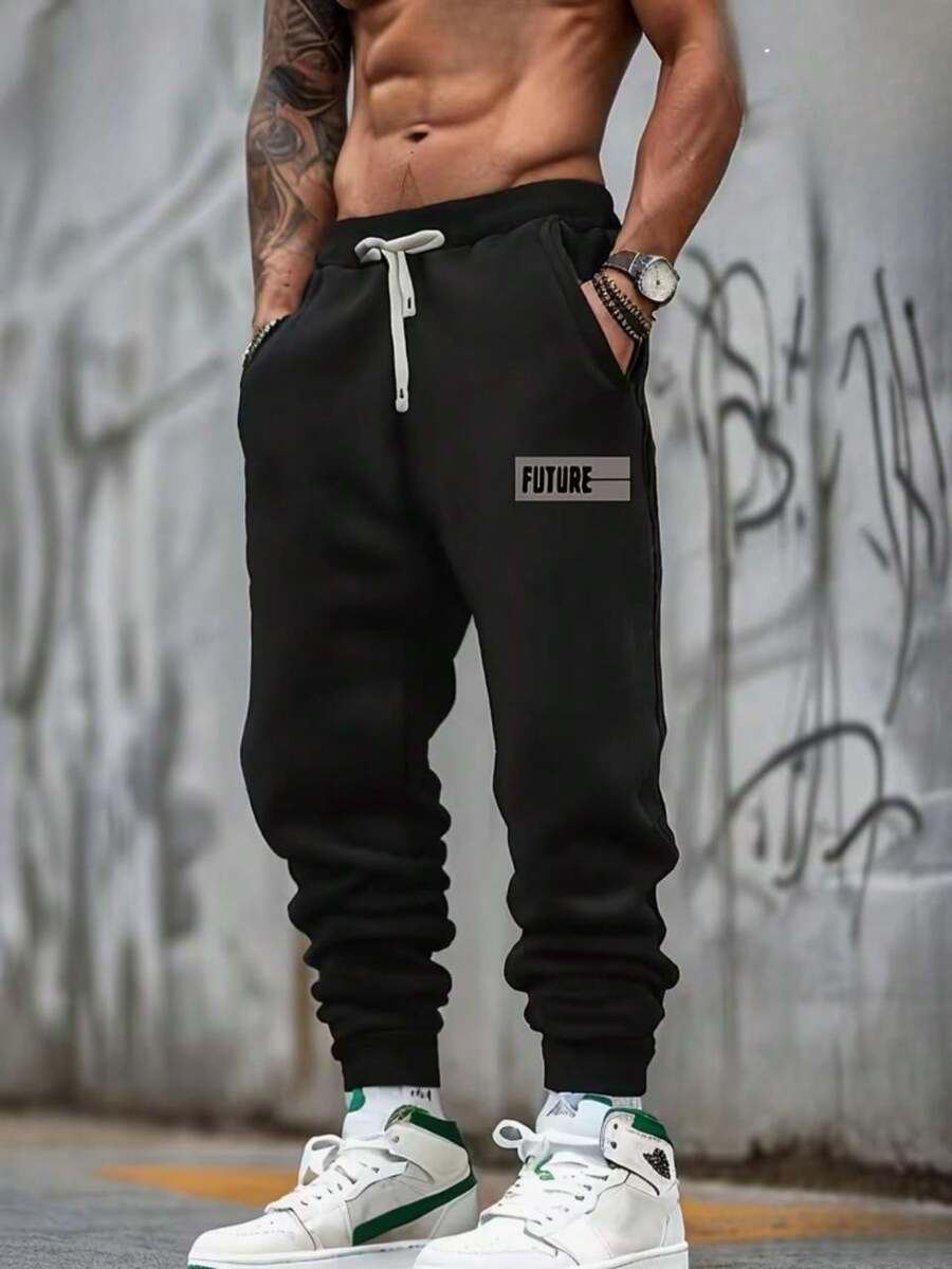FUTURE Men's Sweatpants Pants With Pockets And Drawstring Warm Winter Fashion New Release - 黑色 - 查看 1