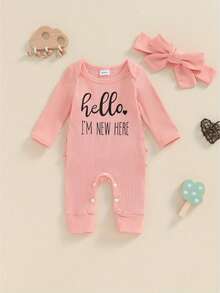 Newborn Baby Girl Fall Winter Clothes Ribbed Jumpsuit Long Sleeve Ruffle Romper With Headband Coming Home Outfits - Pink - View 4