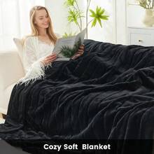 Local Delivery--Cozy Bliss Faux Fur Throw Blanket For Couch, Jacquard Fuzzy Plush Soft Thick Winter Throw Blanket For Sofa Bed Living Room Bedroom - Stripe - Black - View 2