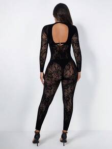 Women's High Stretch Long Sleeve Hollow Floral Pattern Skinny Jumpsuit - Black - View 7