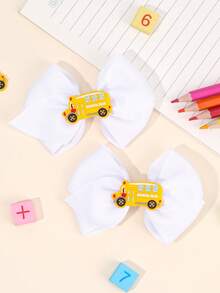 8pcs/2pcs Back To School PVC Ribbon Bow Hair Clips, Apple Book Pencil Black & White Decorative Hair Clips, Colorful Stationery Print Personalized Hair Clips, Suitable For Girls Back To School Gift - Multicolor - View 8