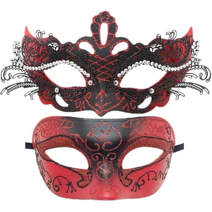 Maschera da ballo in maschera per coppie, maschera a farfalla, metallo con strass, maschera veneziana da donna, accessorio per costumi, adatta per feste in maschera/carnevale/mascherate sexy/matrimonio, festa serale - Rosso - Visualizzare 1