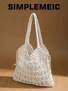 2 件套女士镂空钩针背心和手提包套装，夏季海滩度假装单肩带手提包，带内袋 - 白色 - 查看 2