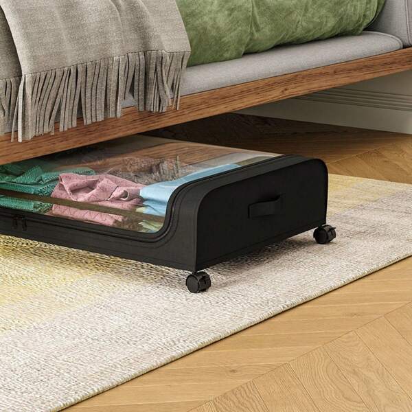 Bed Underbed Storage Box With Casters, Fabric Dustproof Storage Organizer Rack For Clothes, Shoes
