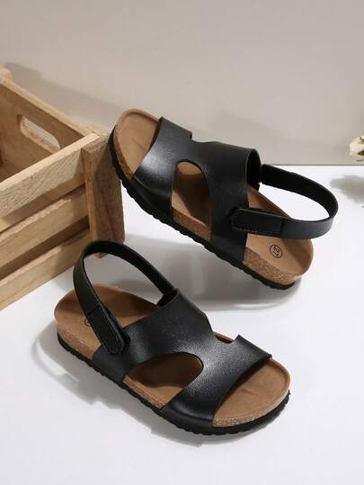 1 Pair Kids/Teens Comfortable Lightweight Soft Cork Bottom Casual Sandals With Hook And Loop Design, Easy On/Off For Children Aged 3-15, Summer Beach Resort Outdoor Style Sandals