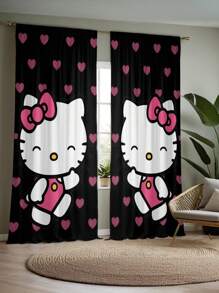 Sanrio 2pcs Sanrio Theme Black Hello Kitty Pattern Semi-Sheer Curtains - Made Of Polyester, With Rod Pocket Design, Easy To Hang, Cartoon Print Curtains, Suitable For Bedroom, Office, Living Room, Home Decor