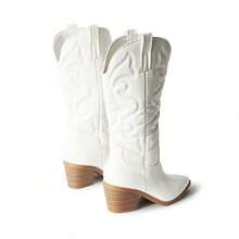 Women Western Cowboy Boots – Embroidered Mid-Calf Chunky Heel Cowgirl Boots With Side Zipper Stylish Comfortable Suede Fall/Winter Boots For Country Concert, Rodeo, Nashville Trip, Festival & Daily Wear [Size Up Half Size] - 白色PU - 查看 3