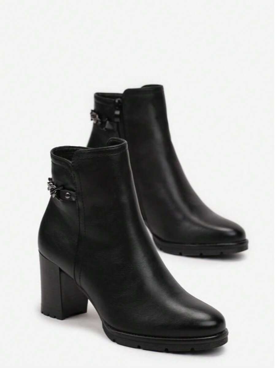 Plain Metal Decor Round Toe Minimalist High Heel Boots, Casual For Daily Wear - Black - View 1