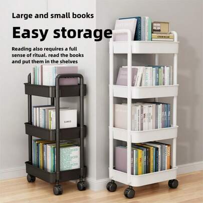 4 - Tier Rolling Storage Cart With 360° Swivel Casters - A Multifunctional Organizer For Kitchen, Living Room And Bedroom - Can Store Snacks, Books And Sundries - Made Of Durable Plastic, Available In Black/White - A Practical Cart For Living Room.
