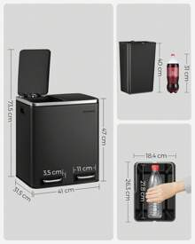 Poubelle Cuisine, 2 x 15L, Poubelle Tri, avec Pédale, 2 Compartiments, 15 Sacs Poubelles, Seaux Intérieurs, Couvercles en Douceur, en Acier, Noir d'Encre