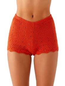 Women Knit Shorts Y2k Crochet Knitted Mini Shorts Cute Elastic Waist Solid Color Hollow Out Bottom Summer Beachwear Lounge Shorts - 橘色 - 查看 8