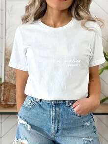 女伴娘简约文字印花休闲T恤 - 白色 - 查看 1