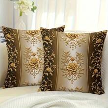 1PC Modern Golden Floral Decorative Pillow Covers 45.72x45.72 Cm - Single-Sided Printed Zipper Closure, Machine Washable 100% Polyester For Living Room, Bedroom & Sofa Decor, Bedroom Accessories, Contemporary Style, Smooth Texture Fabric