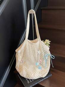 Large Capacity Bow & Ocean Element Decor Mesh Woven Tote Bag For Women, New Hollow Out Weaved Shoulder Handbag For Beach, Summer Vacation