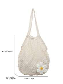 Large Capacity Bow & Ocean Element Decor Mesh Woven Tote Bag For Women, New Hollow Out Weaved Shoulder Handbag For Beach, Summer Vacation
