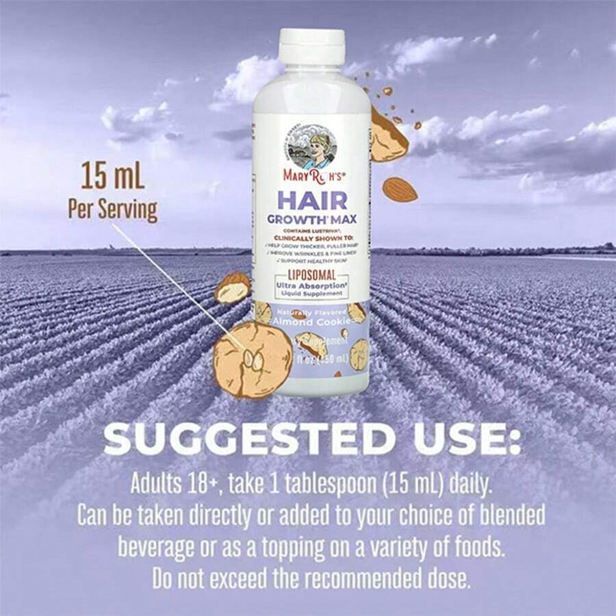 MaryRuth Organics Hair Growth MAX Liposomal For Women - With 10,000mcg Biotin (Lustriva®) & Pumpkin Seed Oil - Promotes Thicker Hair Growth + Reduces Wrinkles - Fast-Absorbing Formula (15.22 Fl Oz, Almond Cookie Flavor) - Skin & Hair Care Supplement - 2Bottle - View 1