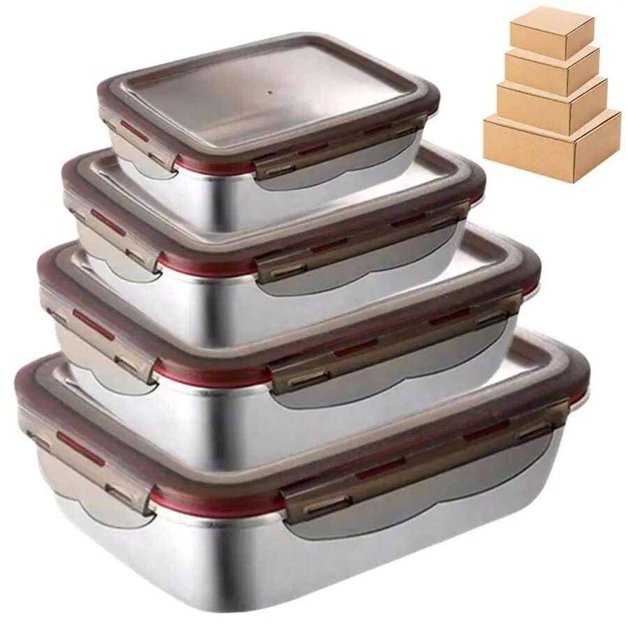 Set 304 Stainless Steel Lunch Box Microwave Heating Bento Box Fruit Food Sauce Fresh-Keeping Box Refrigerator Container Box - 600ML - 查看 1
