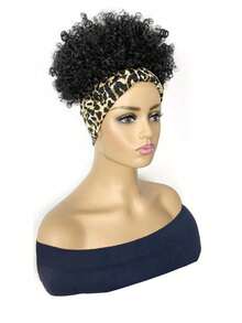 Curly Wigs  Headband Wig Half  Short Black Wig With Headband Attached Scarf Wigs With Stripe Turban Wrap Wig Short Kinky Deep Jerry Curly Hair Synthetic Wigs - 黑色 - 查看 5