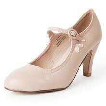 Women Cutout Mary Jane Mid Heels – Round Almond Toe Vintage Cone Heel Pumps With Ankle Strap For Spring Summer Weddings, Parties, Bridesmaids, Office & Everyday Wear [Size Up Half Size] - 裸色PU - 查看 2