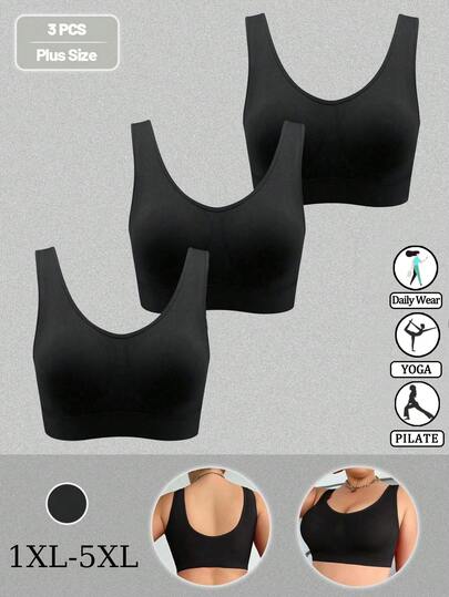 3pcs/Set Women's Plus Size Solid Color Comfortable U-Neck Seamless Wire-Free Backless Yoga Sports Bra