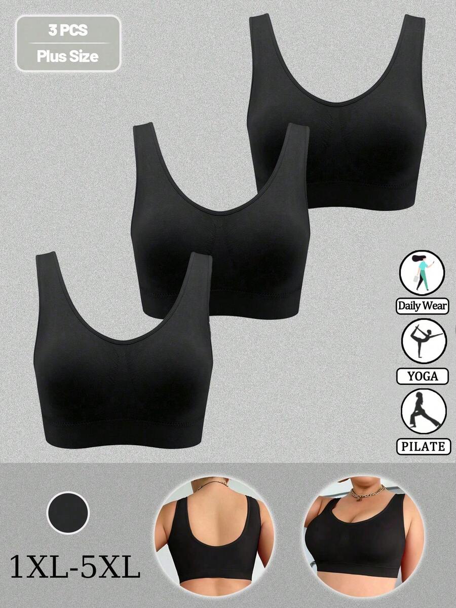 3PCS Women Plus Size Solid Comfortable U-Neck Seamless Bras Wireless Backless Yoga Sport Bra - Black - View 1