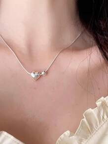 1 pieza de collar con colgante de plata de ley 925 con diseño de corazón y cuenta pequeña y redonda, accesorio de moda y adorable para uso diario y fiestas de mujeres