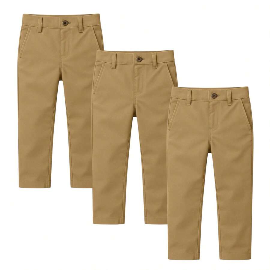 Kids 3 Pack School Chinos For Boys & Girls, Slight Stretch, Durable, Uniform Pants, Comfortable Fit - 卡其色/卡其色/卡其色 - 查看 1
