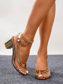 女士低帮金色露趾扣带粗跟凉鞋，休闲百搭拼接透明玻璃鞋面高跟鞋，适合度假、旅行、通勤，轻便舒适，久穿不累，夏季新款凉鞋 - 金色 - 查看 4