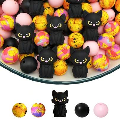 25pcs Black Cat Silicone Beads Set, Colorful Printed Beads Suitable For DIY Jewelry Making, Bracelets, Keychains, And Home Decor - Beads & Bead Assortments