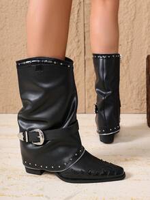 复古铆钉高筒靴，法式高帮女靴，百搭西部牛仔靴，适合娇小身材 - 黑色 - 查看 7