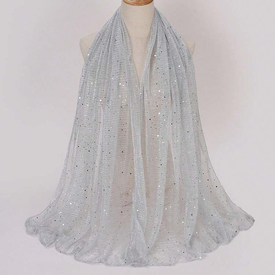 1 件闪亮透气皱褶头巾头巾，春夏真丝围巾披肩，适合穆斯林、阿拉伯、马来西亚、非洲 - 銀灰色 - 查看 1