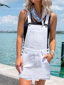 女士白色牛仔背带连衣裙 - 休闲百搭吊带款 - 白色 - 查看 2