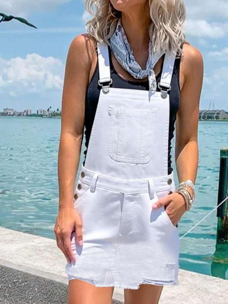 white denim pinafore dress FRIFUL Women's Fashionable Versatile Button Denim Pinafore Dress