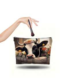 1 Peça Bolsa Organizadora de Cosméticos de Linho com Estampa Digital de Vaca, Bolsa de Toalete com Zíper, Nécessaire de Mão, Bolsa de Presente, Essenciais de Viagem para Férias, Volta às Aulas, Bolsa Escolar, Bolsa de Viagem para Mulheres, Nécessaire de Viagem