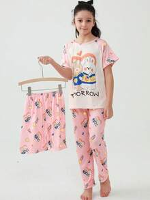 3 Pzs Conjunto de Pijama de Niña, Pijamas Verano para Niña con Estampado de Dibujos Animados,Camiseta de Manga Corta en Bloques de Color, Pantalones Informales y Shorts - Rosa - Ver 6