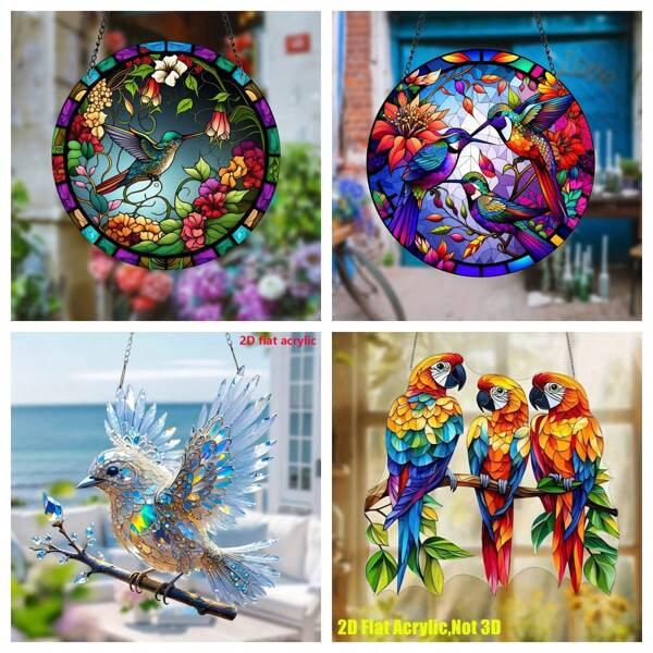 2d Flat, Beija-flor Sun Catcher - Decoração suspensa com efeito de vitral acrílico, Decoração para casa e feriados internos e externos, Sem eletricidade, Decoração para áreas externas, Detalhes complexos de penas, Quarto, Sala de estar, Decoração para áreas externas, Decoração para áreas internas e externas