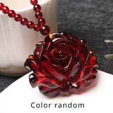 Bohemian Resin Rose Pendant Necklace - Blood Red Flower Charm On Amber-Toned Sweater Chain, Vintage  Unisex Jewelry For Men & Women, No Plating Durable Design For Everyday & Special Occasions - 1pc - View 1