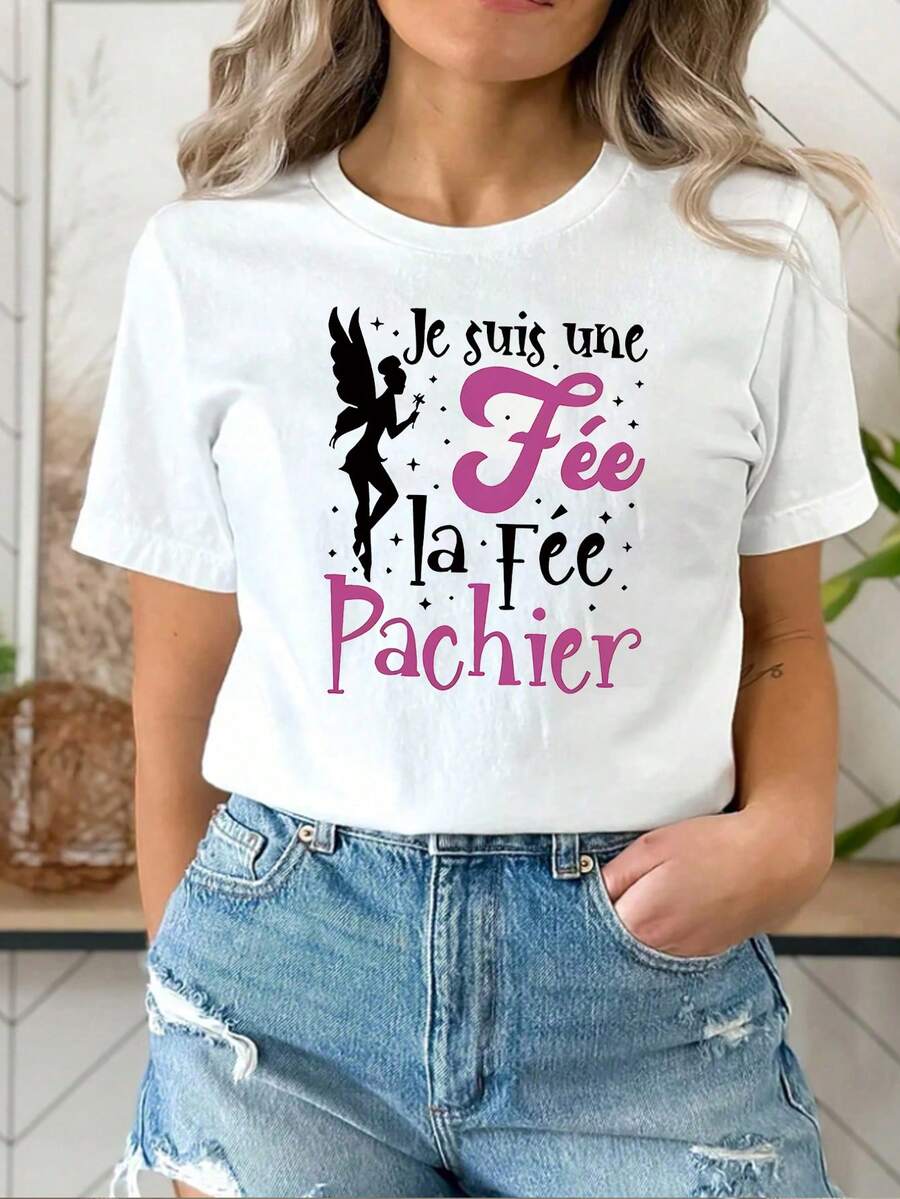 Camiseta casual para mujer con estampado de cita francesa y gráfico de hada - Diseño dulce y juguetón para uso diario - Blanco - Ver 1