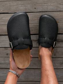 Men's Casual Solid Color Thick Sole Slide Sandals With Buckle Closure