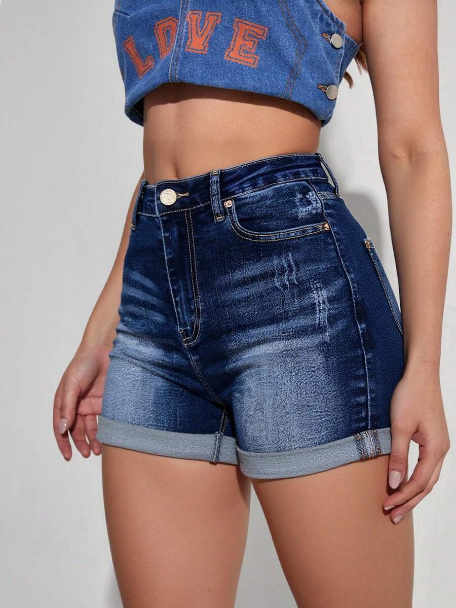 Shorts vaqueros enrollados, shorts vaqueros lavados de verano para mujer versátiles, corte ajustado, elásticos - Azul - Ver 1