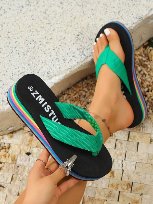 Women's Cute Colorblock Rainbow Sole Thick Platform Slide Sandals, Comfortable & Skin-Friendly