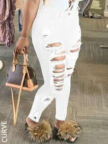 Plus Size Women's White Distressed Cotton Skinny Jeans, Sexy Versatile Summer Street Style Pants - White - View 5