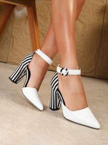 Elegant Women's High Heels - Fashionable Pointed Toe Dress Shoes With Ankle Strap, Suitable For Wedding And Party, Contrast Color High Heels With Striped Zebra Pattern, PU Leather, Party Wear