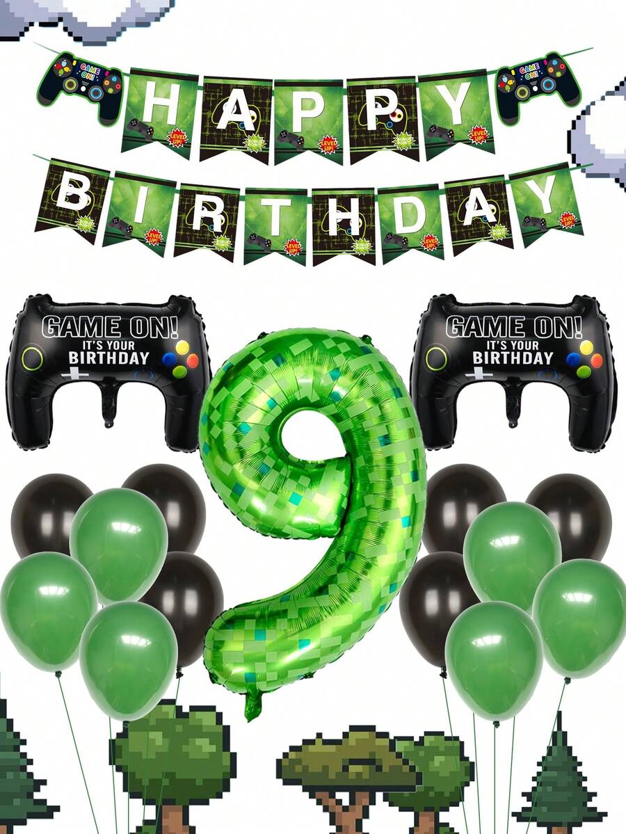14 件电子游戏控制器主题生日派对套装，包含像素绿色数字铝箔气球、绿色生日快乐横幅、黑色和绿色乳胶气球，适用于游戏主题生日派对、电子竞技活动装饰、拍照道具、庆祝活动 - 彩色 - 查看 1