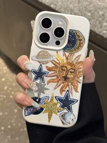 1 pièce Étui de protection pour téléphone doux, antichute et antidérapant avec motif brillant soleil et étoiles de l'univers, compatible avec Apple et autres téléphones