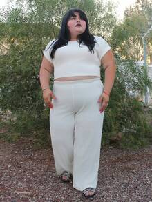 Enliva Karlangas.Toledo 2pcs Apricot Color Short Sleeve T-Shirt And Pants Plus Size Set, For Apple Rounded Body Shape, For Summer - Apricot - View 6