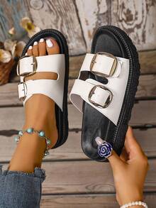 新款大码女式厚底坡跟凉鞋，时尚百搭简约风格，柔软舒适，全脚包裹，春夏穿搭 - 白色 - 查看 6