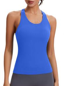 Seamless Workout Tops For Women With Built In Bra Athletic Tank Tops Yoga Runnning Workout Shirts Slim Fit - Klein Blue - View 4