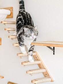 1pc Wall-Mounted Cat Climbing Ladder, 4-Tier Solid Wood Cat Furniture, Sturdy & Durable Pine Wood, For Playing, Climbing & Scratching, Comes With Tools For Easy Assembly, Max Load 12kg (26lb)