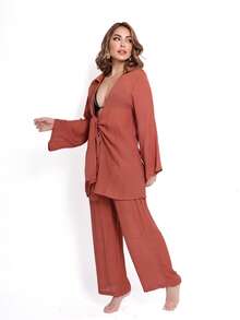 Women's Beachwear Set, Long Sleeve Coat And Simple Casual Pants - Terracota - Ver 3